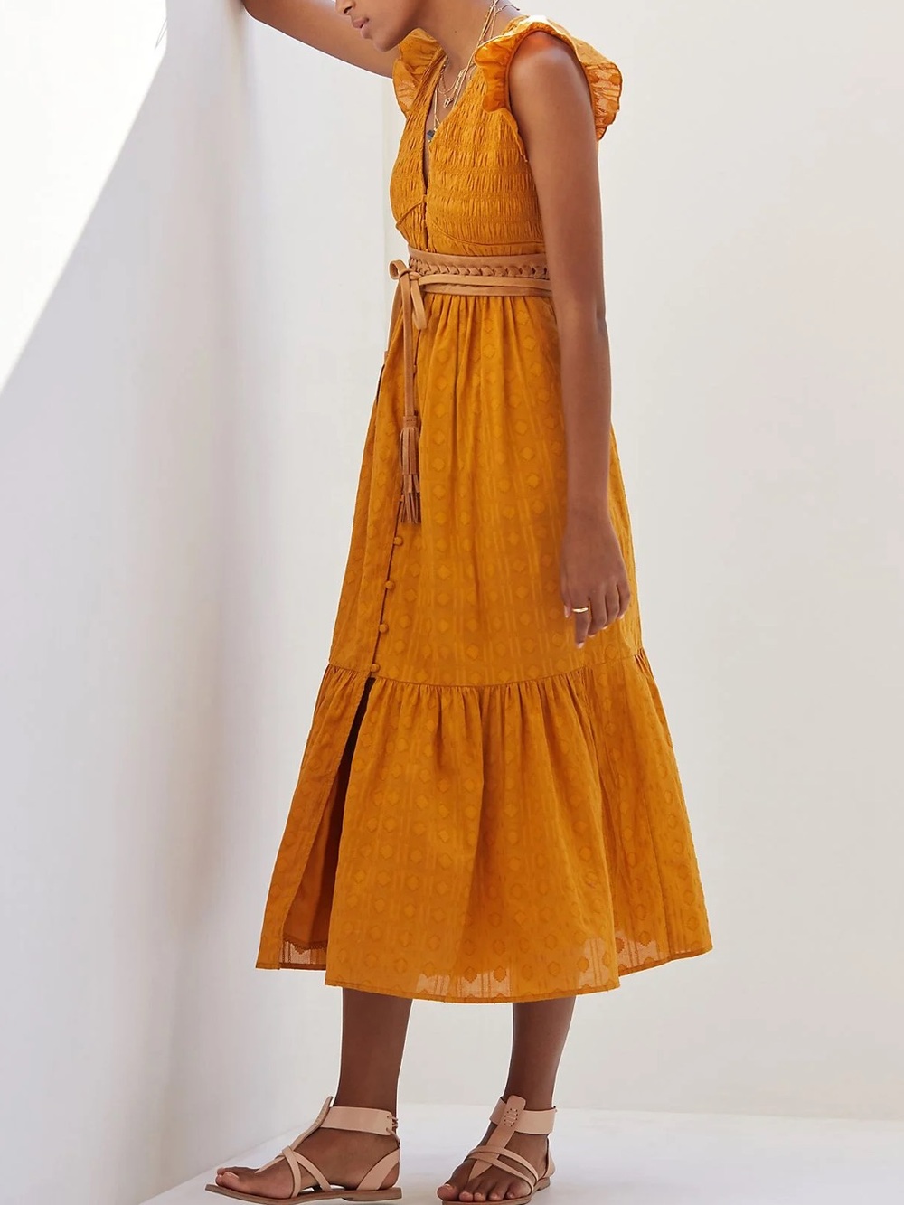 Anthropologie Peregrine Smocked Ruffle Midi Dress Size Medium Pockets - Picture 5 of 12